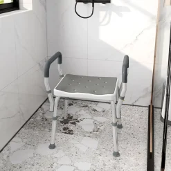 Homcom Chaise de douche tabouret de douche antidérapant - hauteur réglable, accoudoirs - alu HDPE gris