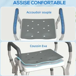 Homcom Chaise de douche tabouret de douche antidérapant - hauteur réglable, accoudoirs - alu HDPE gris