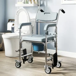 Homcom Chaise percée médicale à roulettes - repose-pieds, dossier, accoudoirs, pot amovible, support papier - alu blanc HDPE gris* Siège De Douche