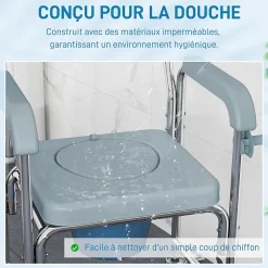 Homcom Chaise percée médicale à roulettes - repose-pieds, dossier, accoudoirs, pot amovible, support papier - alu blanc HDPE gris* Siège De Douche