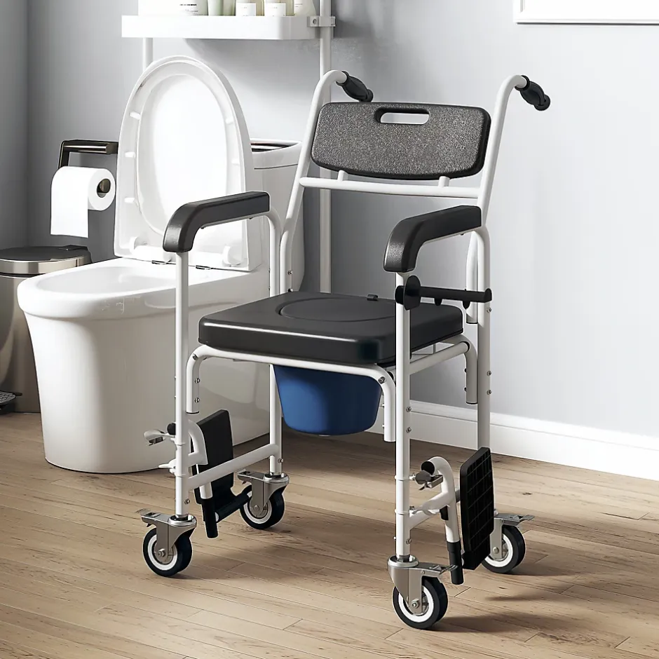 Homcom Chaise percée médicale à roulettes - repose-pieds, dossier, accoudoirs, pot amovible, support papier - alu blanc HDPE noir