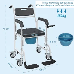Homcom Chaise percée médicale à roulettes - repose-pieds, dossier, accoudoirs, pot amovible, support papier - alu blanc HDPE noir