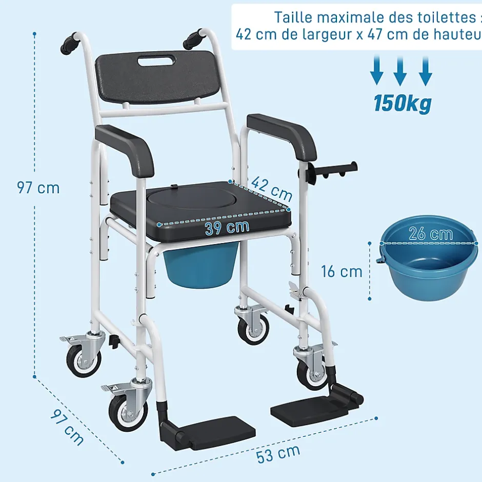 Homcom Chaise percée médicale à roulettes - repose-pieds, dossier, accoudoirs, pot amovible, support papier - alu blanc HDPE noir