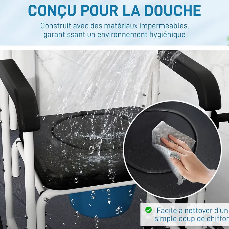 Homcom Chaise percée médicale à roulettes - repose-pieds, dossier, accoudoirs, pot amovible, support papier - alu blanc HDPE noir