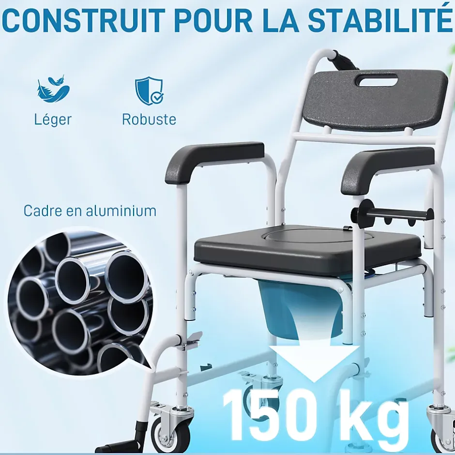 Homcom Chaise percée médicale à roulettes - repose-pieds, dossier, accoudoirs, pot amovible, support papier - alu blanc HDPE noir