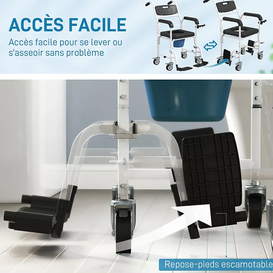 Homcom Chaise percée médicale à roulettes - repose-pieds, dossier, accoudoirs, pot amovible, support papier - alu blanc HDPE noir