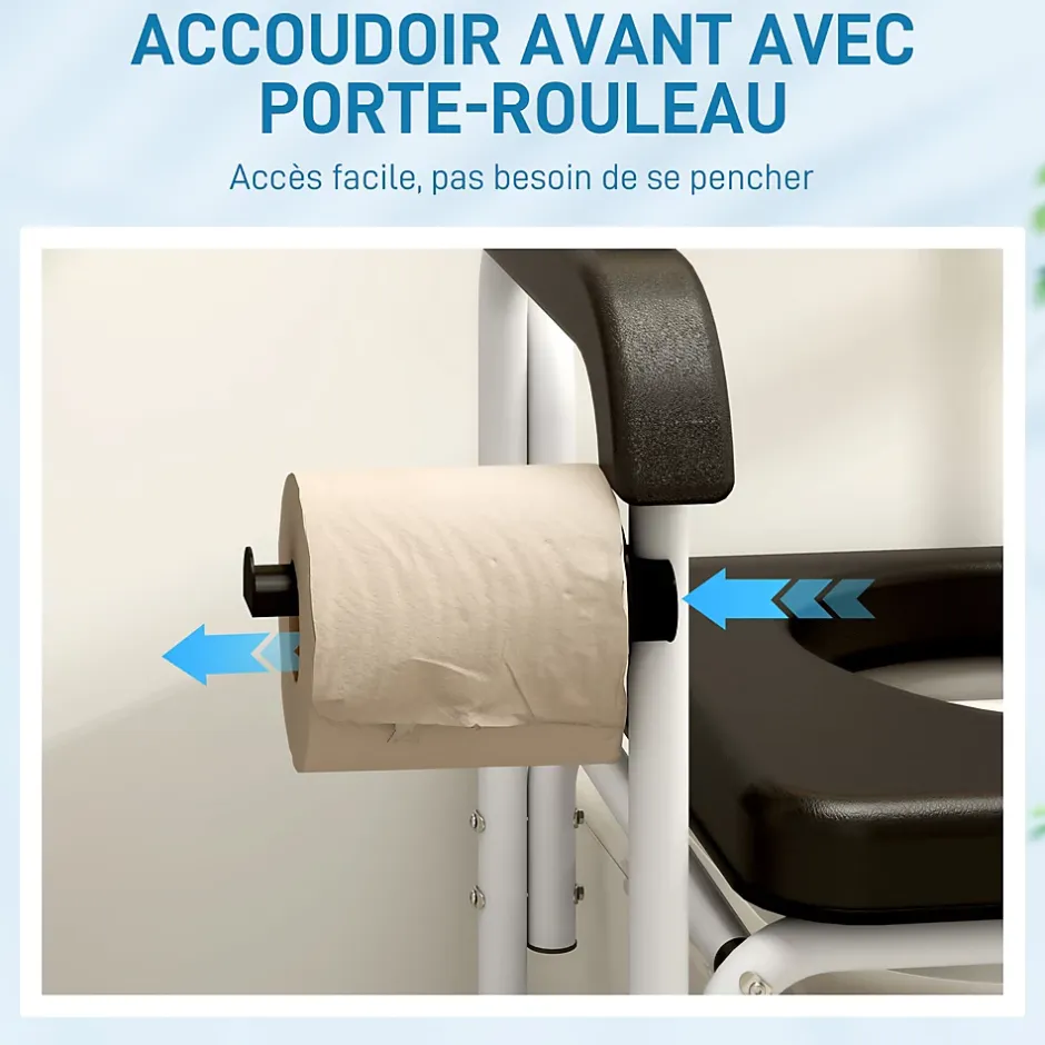 Homcom Chaise percée médicale à roulettes - repose-pieds, dossier, accoudoirs, pot amovible, support papier - alu blanc HDPE noir