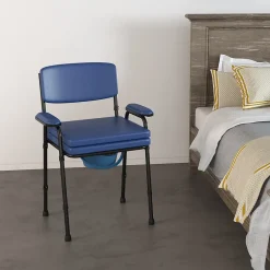Homcom Chaise percée réglable - chaise de toilette - seau amovible, coussin, accoudoirs - acier noir PVC bleu