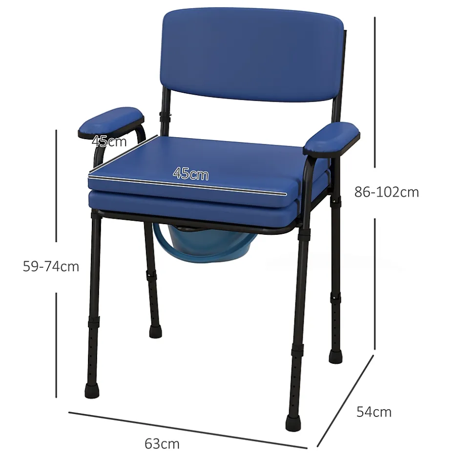 Homcom Chaise percée réglable - chaise de toilette - seau amovible, coussin, accoudoirs - acier noir PVC bleu