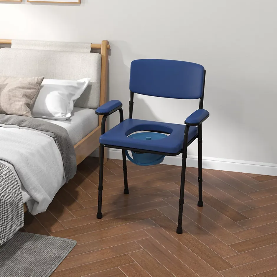 Homcom Chaise percée réglable - chaise de toilette - seau amovible, coussin, accoudoirs - acier noir PVC bleu