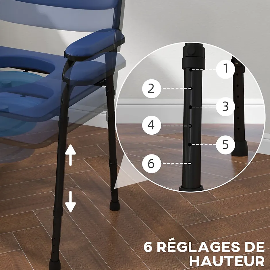 Homcom Chaise percée réglable - chaise de toilette - seau amovible, coussin, accoudoirs - acier noir PVC bleu