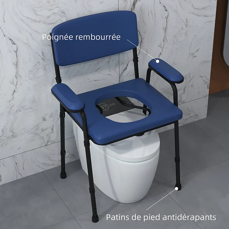 Homcom Chaise percée réglable - chaise de toilette - seau amovible, coussin, accoudoirs - acier noir PVC bleu