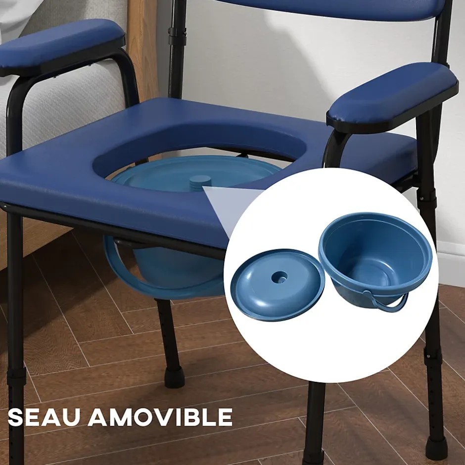 Homcom Chaise percée réglable - chaise de toilette - seau amovible, coussin, accoudoirs - acier noir PVC bleu