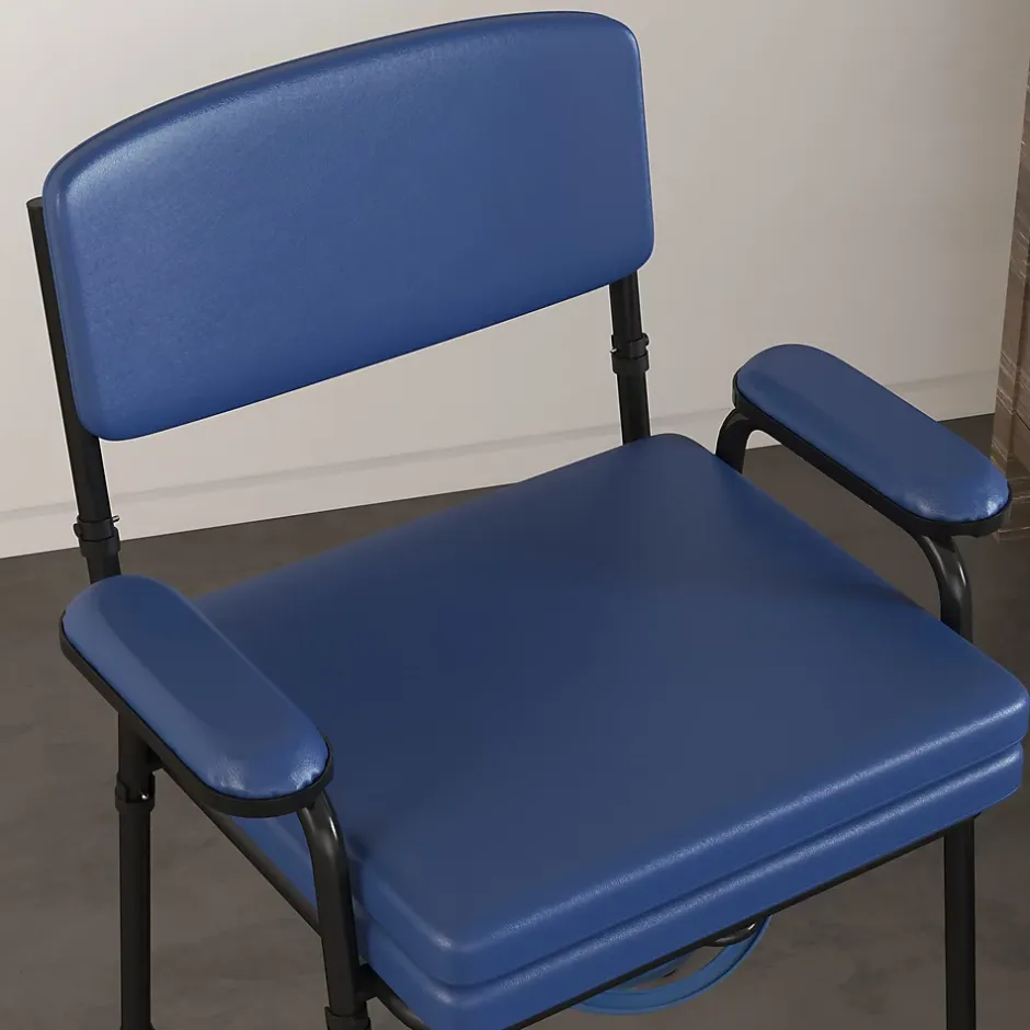 Homcom Chaise percée réglable - chaise de toilette - seau amovible, coussin, accoudoirs - acier noir PVC bleu