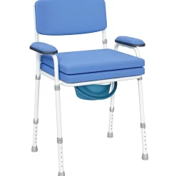Homcom Chaise percée réglable - chaise de toilette - seau amovible, coussin, accoudoirs - acier blanc PVC bleu* Siège De Douche