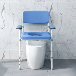 Homcom Chaise percée réglable - chaise de toilette - seau amovible, coussin, accoudoirs - acier blanc PVC bleu* Siège De Douche