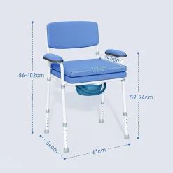 Homcom Chaise percée réglable - chaise de toilette - seau amovible, coussin, accoudoirs - acier blanc PVC bleu* Siège De Douche