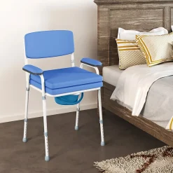 Homcom Chaise percée réglable - chaise de toilette - seau amovible, coussin, accoudoirs - acier blanc PVC bleu* Siège De Douche