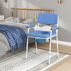 Homcom Chaise percée réglable - chaise de toilette - seau amovible, coussin, accoudoirs - acier blanc PVC bleu* Siège De Douche