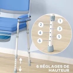 Homcom Chaise percée réglable - chaise de toilette - seau amovible, coussin, accoudoirs - acier blanc PVC bleu* Siège De Douche