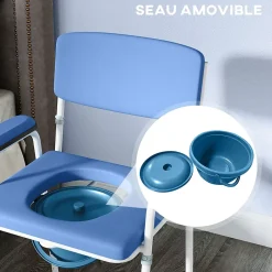 Homcom Chaise percée réglable - chaise de toilette - seau amovible, coussin, accoudoirs - acier blanc PVC bleu* Siège De Douche