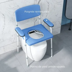 Homcom Chaise percée réglable - chaise de toilette - seau amovible, coussin, accoudoirs - acier blanc PVC bleu* Siège De Douche