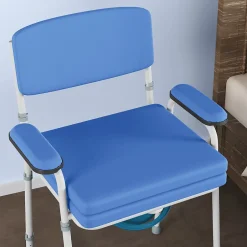 Homcom Chaise percée réglable - chaise de toilette - seau amovible, coussin, accoudoirs - acier blanc PVC bleu* Siège De Douche