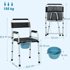 Homcom Chaise percée toilette pliable hauteur réglable - seau amovible - siège, accoudoirs rembourrés - max. 150 Kg - acier gris noir* Siège De Douche