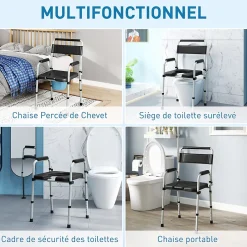 Homcom Chaise percée toilette pliable hauteur réglable - seau amovible - siège, accoudoirs rembourrés - max. 150 Kg - acier gris noir* Siège De Douche