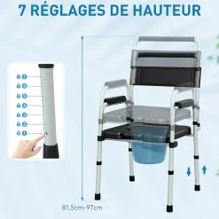 Homcom Chaise percée toilette pliable hauteur réglable - seau amovible - siège, accoudoirs rembourrés - max. 150 Kg - acier gris noir* Siège De Douche
