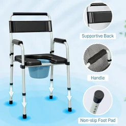 Homcom Chaise percée toilette pliable hauteur réglable - seau amovible - siège, accoudoirs rembourrés - max. 150 Kg - acier gris noir* Siège De Douche