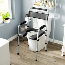 Homcom Chaise percée toilette pliable hauteur réglable - seau amovible - siège, accoudoirs rembourrés - max. 150 Kg - acier gris noir* Siège De Douche