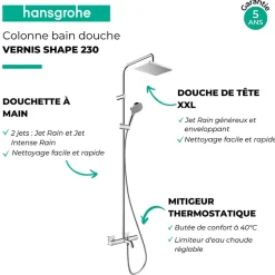 Hansgrohe Colonne bain douche thermostatique Vernis Shape 230 chromé + nettoyant Briochin