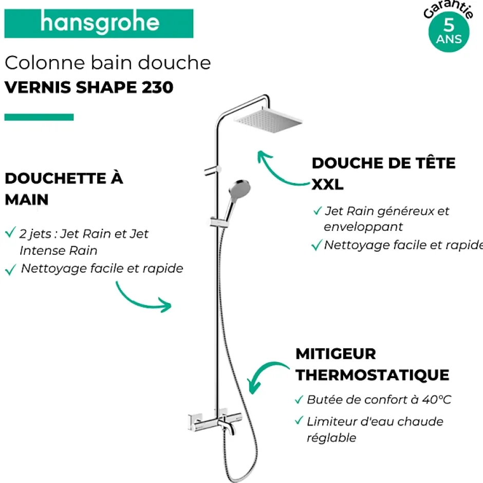 Hansgrohe Colonne bain douche thermostatique Vernis Shape 230 chromé + nettoyant Briochin