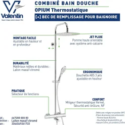 Valentin Colonne bain douche thermostatique anti-brûlure avec pomme de tête, douchette et flexible, chrome, Opium