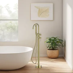 GoodHome Colonne de baignoire îlot + flexible + douchette, doré brossé, Owens* Robinet De Baignoire