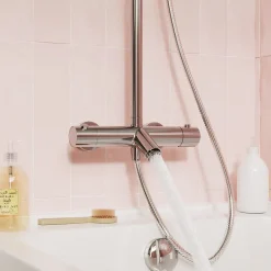 GoodHome Colonne de bain/douche thermostatique avec pommeau, douchette 3 jets, flexible, barre réglable, chrome, Anika* Colonne De Douche Thermostatique