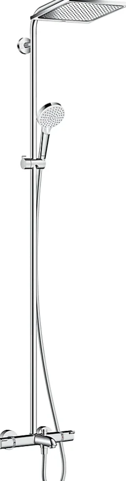 Hansgrohe Colonne de bain/douche thermostatique avec pommeau + douchette 2 jets + flexible + barre réglable, chrome, Crometta E