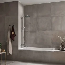 Hansgrohe Colonne de bain/douche thermostatique avec pommeau + douchette 2 jets + flexible + barre réglable, chrome, Crometta E