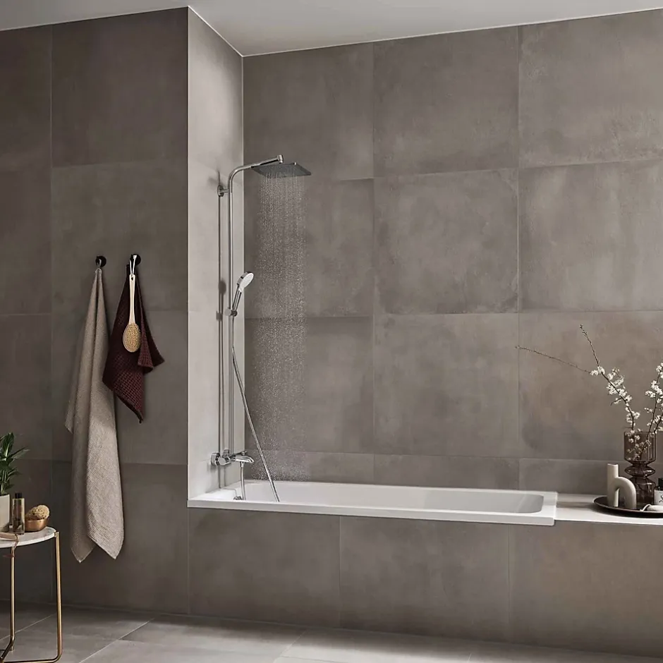 Hansgrohe Colonne de bain/douche thermostatique avec pommeau + douchette 2 jets + flexible + barre réglable, chrome, Crometta E