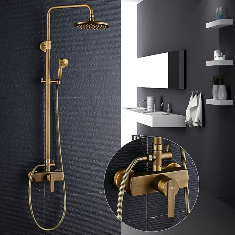 Auralum Max Colonne de Douche avec Robinetterie , Ensemble de Douche avec pommeau + douchette + barre réglable, bronze brossé* Colonne De Douche Mécanique