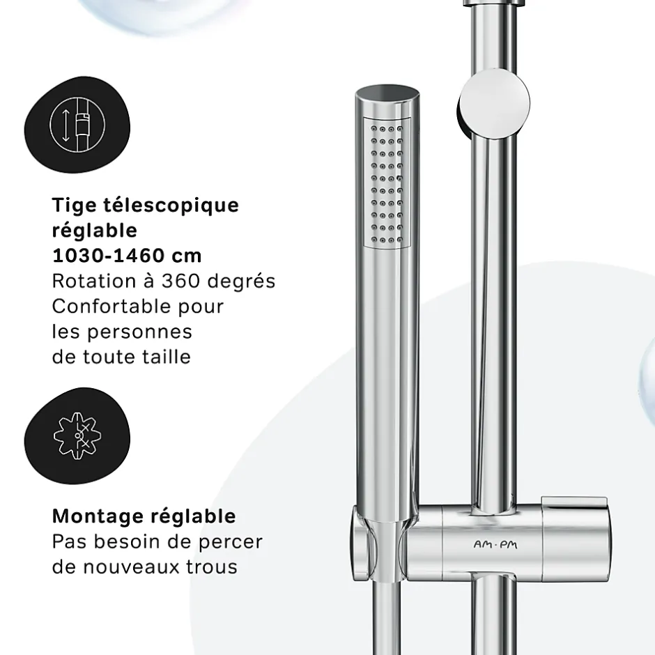 Am.Pm Europe Colonne de douche baignoire sans robinet, Système de douche, Barre de douche Chromé, Spike F07PA000 AM PM