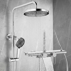 Homelody Colonne de Douche Chromée avec Étagère 40 cm, Douchette à Main 5 Modes, Effet Cascade et Rangement Pratique