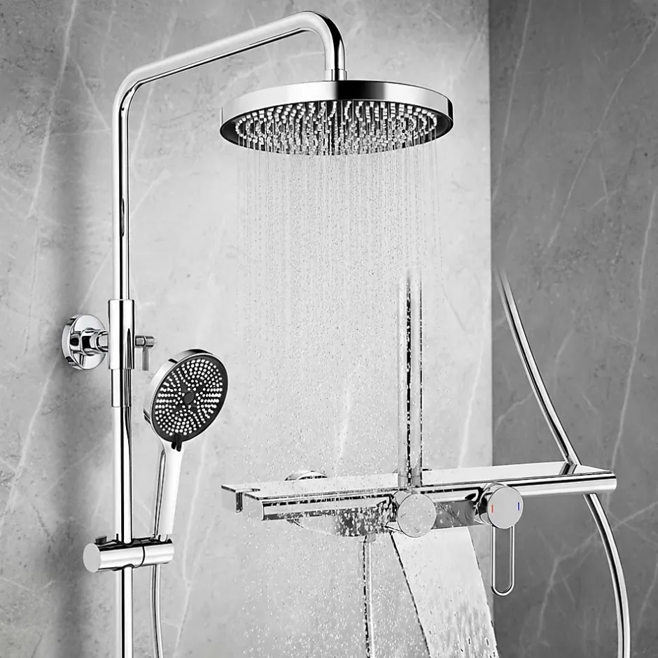 Homelody Colonne de Douche Chromée avec Étagère 40 cm, Douchette à Main 5 Modes, Effet Cascade et Rangement Pratique