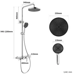 Homelody Colonne de Douche Chromée avec Étagère 40 cm, Douchette à Main 5 Modes, Effet Cascade et Rangement Pratique