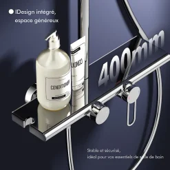 Homelody Colonne de Douche Chromée avec Étagère 40 cm, Douchette à Main 5 Modes, Effet Cascade et Rangement Pratique