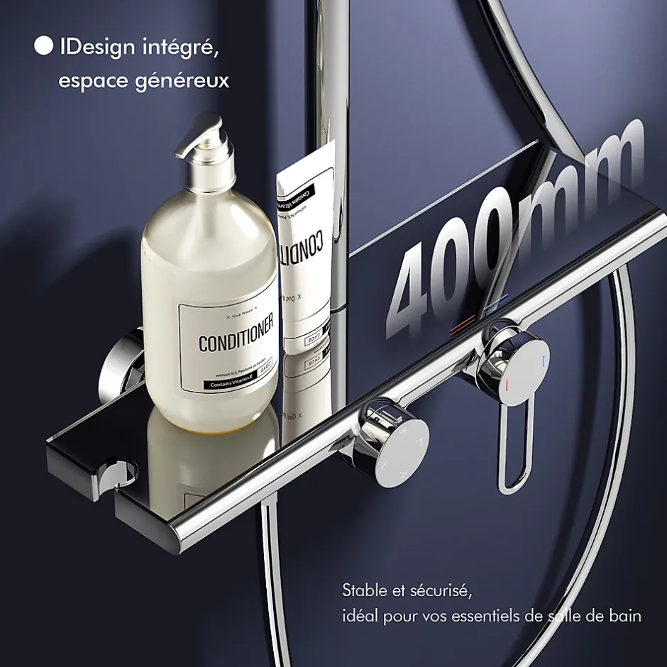 Homelody Colonne de Douche Chromée avec Étagère 40 cm, Douchette à Main 5 Modes, Effet Cascade et Rangement Pratique