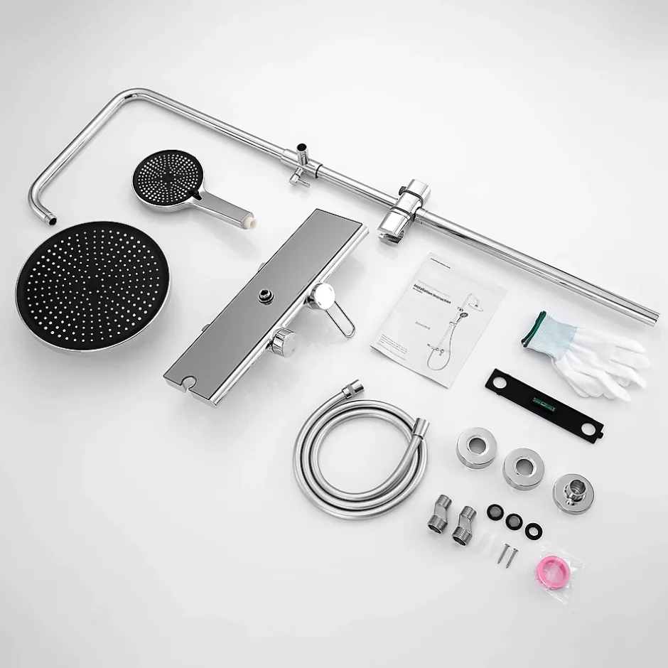 Homelody Colonne de Douche Chromée avec Étagère 40 cm, Douchette à Main 5 Modes, Effet Cascade et Rangement Pratique