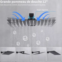 Homelody Colonne de Douche Encastrée Ensemble de Douche Mécanique avec Grande Tête Carrée 12 pouces, Système de Douche Encastrable Noir