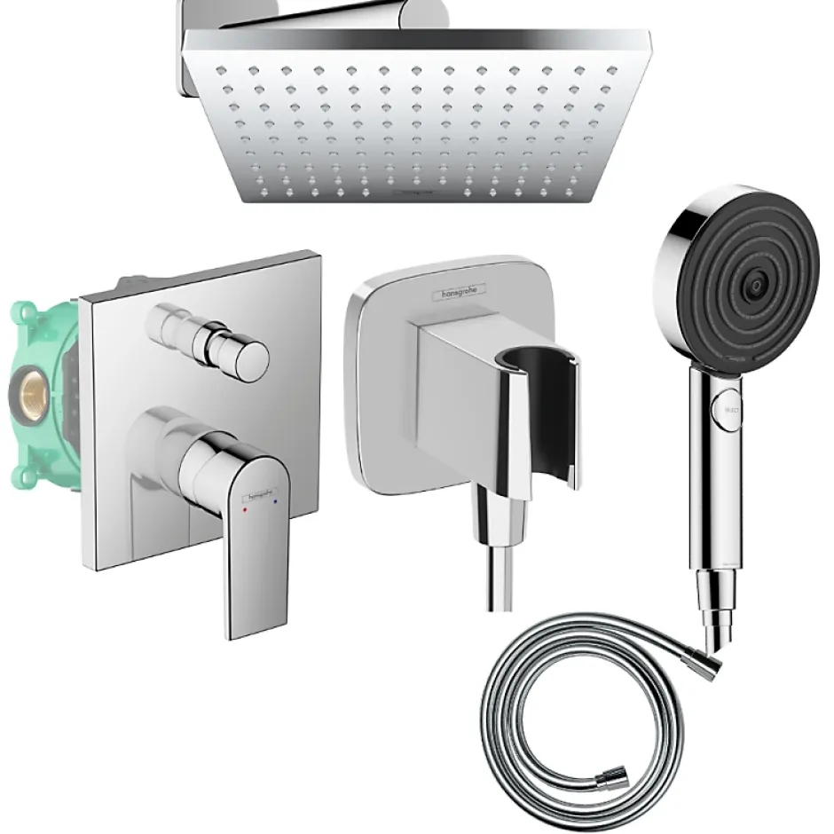 Hansgrohe Colonne de douche encastrée mécanique Vernis Shape Douche de tête Vernis Shape Flexible Isiflex Douchette Pulsify chromé